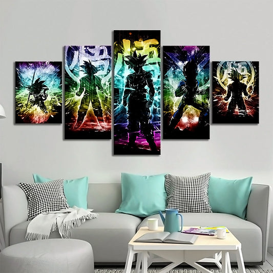 Dragon Ball Z Goku and Vegeta Canvas Wall Art - 5 Piece Split Panel Anime Poster - Framed Ready to Hang Living Room Man Cave Decor - DR5160