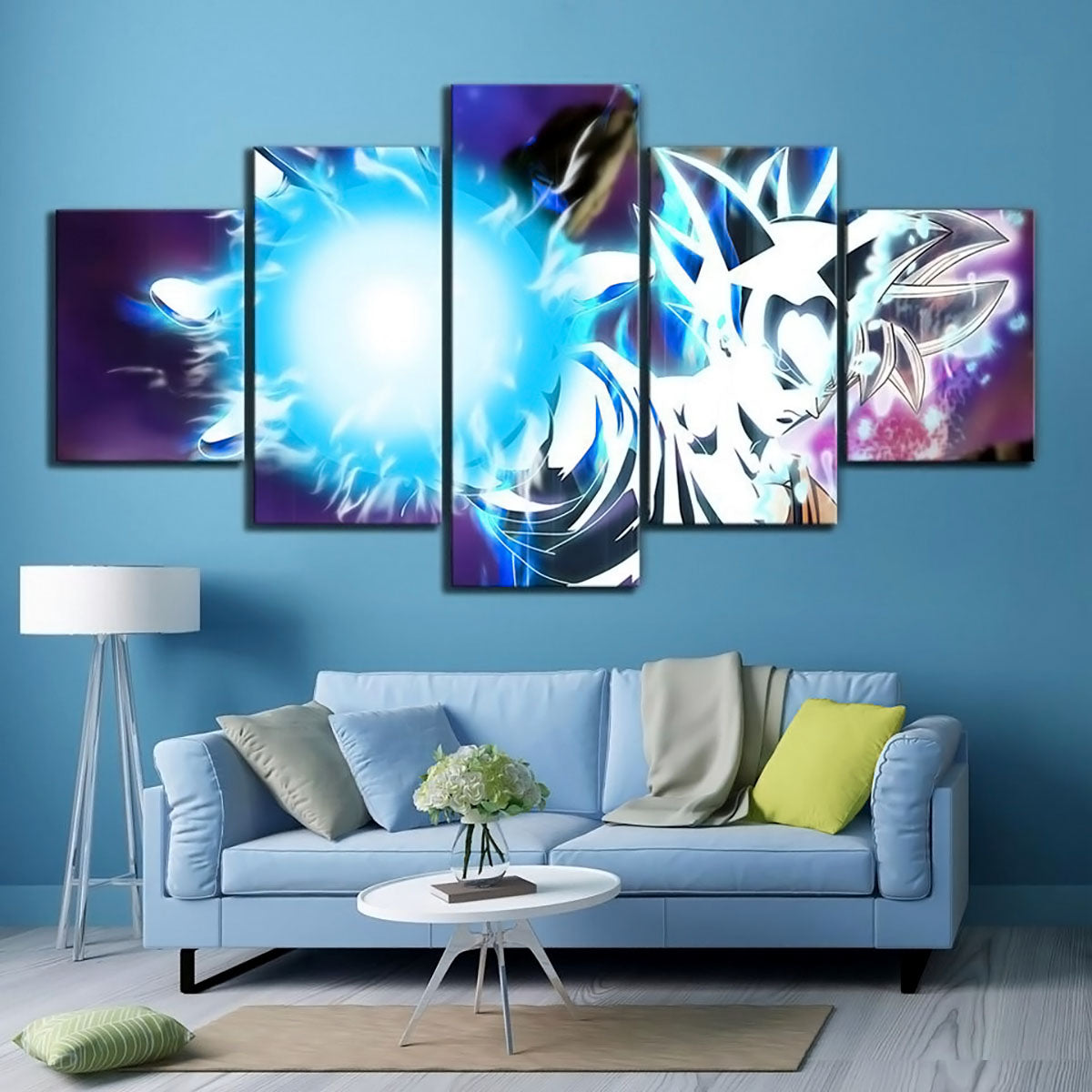 Dragon Ball Super Ultra Instinct Goku Canvas Wall Art - 5 Piece Split Panel DBZ Anime Poster - Ready to Hang Living Room Man Cave Decor - DR5183