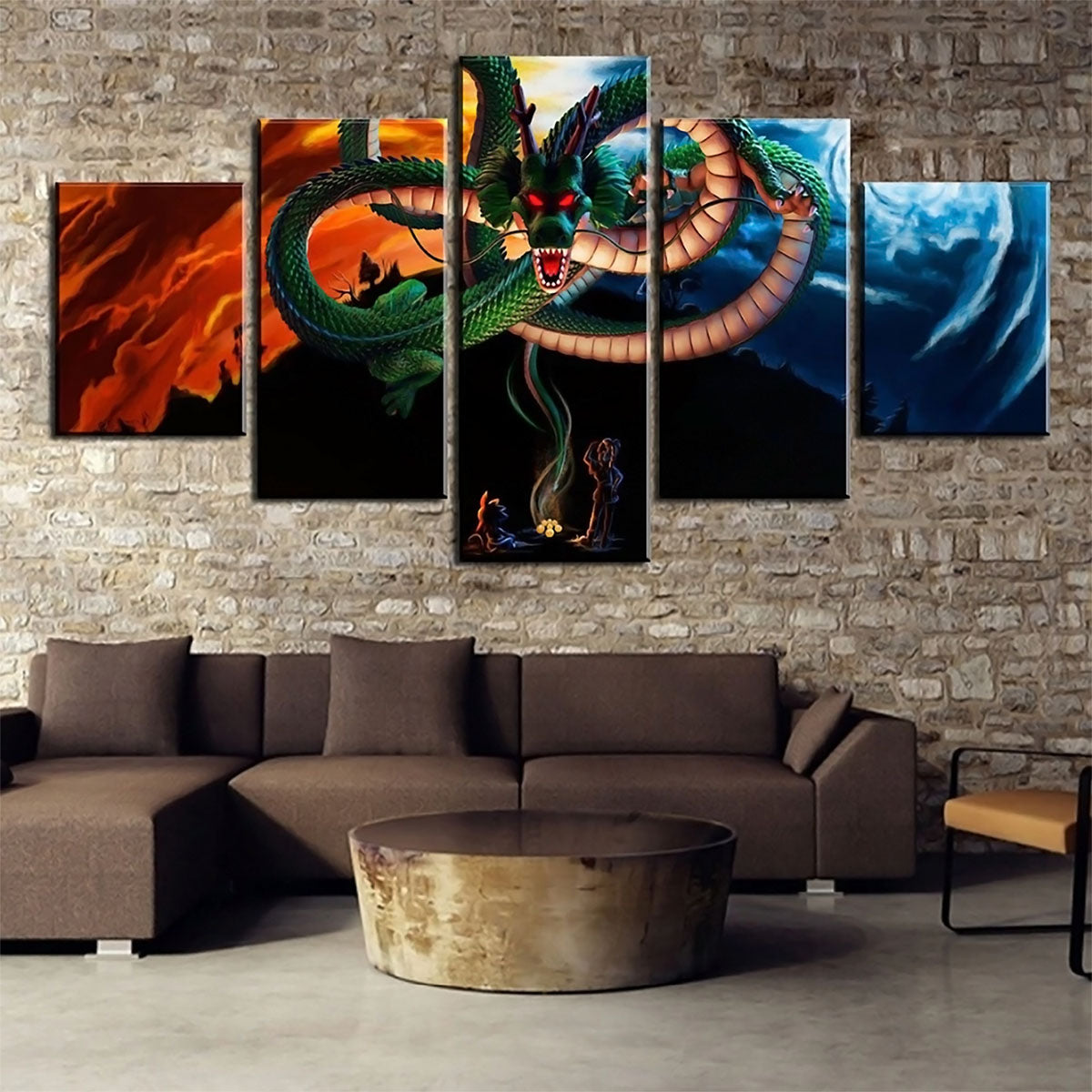Dragon Ball Z Shenron Goku and Bulma Canvas Wall Art - 5 Piece Split Panel Anime Poster - Framed Ready to Hang Living Room Man Cave Decor - DR5158