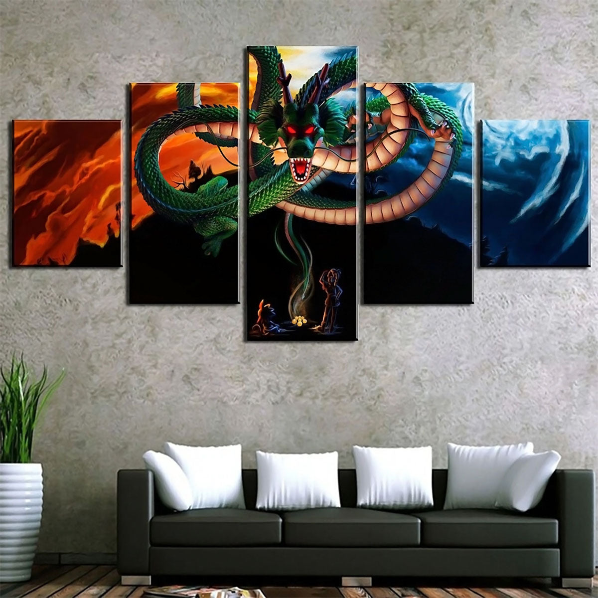 Dragon Ball Z Shenron Goku and Bulma Canvas Wall Art - 5 Piece Split Panel Anime Poster - Framed Ready to Hang Living Room Man Cave Decor - DR5158