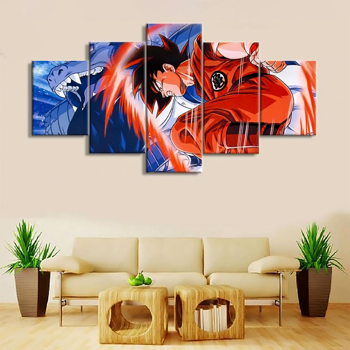 Dragon Ball Z Goku Kaioken Canvas Wall Art - 5 Piece Split Panel Anime Poster - Framed Ready to Hang Living Room Man Cave Decor - DR5179