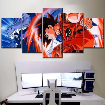 Dragon Ball Z Goku Kaioken Canvas Wall Art - 5 Piece Split Panel Anime Poster - Framed Ready to Hang Living Room Man Cave Decor - DR5179