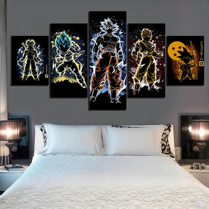 Dragon Ball Super Goku Vegeta Gohan Trunks Canvas Wall Art - 5 Piece Split Panel DBZ Anime Poster - Framed Ready to Hang Home Man Cave Decor - DR5178