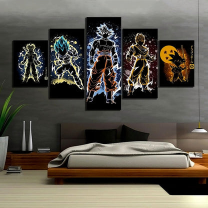 Dragon Ball Super Goku Vegeta Gohan Trunks Canvas Wall Art - 5 Piece Split Panel DBZ Anime Poster - Framed Ready to Hang Home Man Cave Decor - DR5178