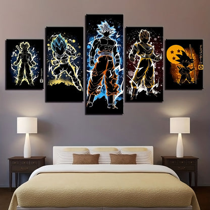 Dragon Ball Super Goku Vegeta Gohan Trunks Canvas Wall Art - 5 Piece Split Panel DBZ Anime Poster - Framed Ready to Hang Home Man Cave Decor - DR5178