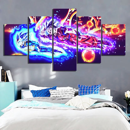 Dragon Ball Super Goku vs Vegeta Showdown Canvas Wall Art - 5 Piece Split Panel DBZ Anime Poster - Ready to Hang Living Room Man Cave Decor - DR5147