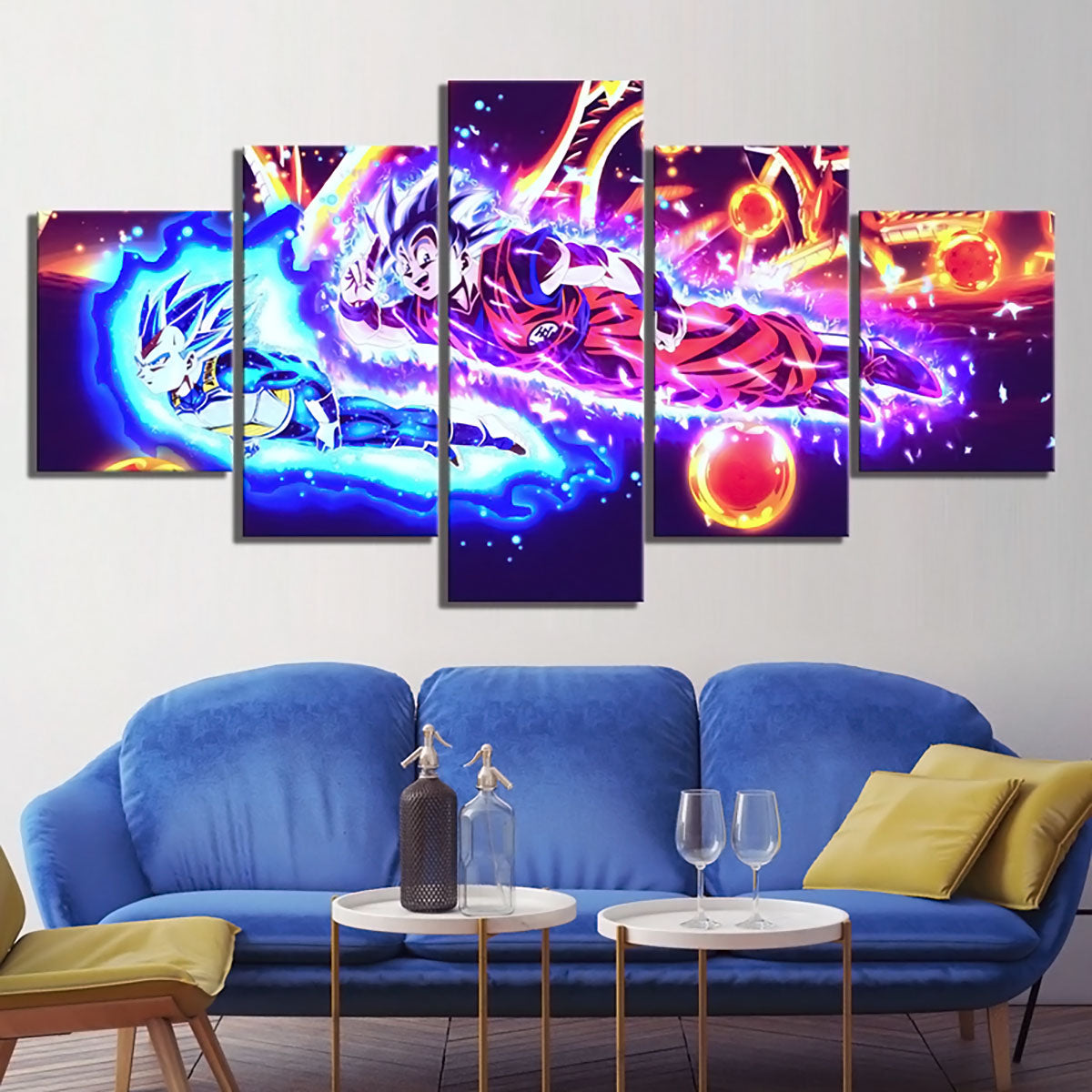 Dragon Ball Super Goku vs Vegeta Showdown Canvas Wall Art - 5 Piece Split Panel DBZ Anime Poster - Ready to Hang Living Room Man Cave Decor - DR5147