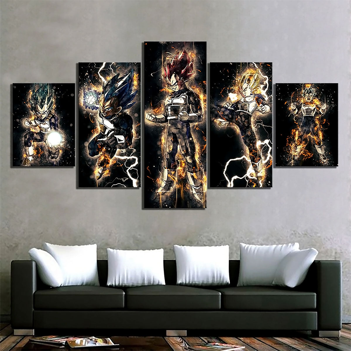 Dragon Ball Super Saiyan Blue Vegeta Canvas Wall Art - 5 Piece Split Panel DBZ Anime Poster - Framed Ready to Hang Living Room Man Cave Decor - DR5146