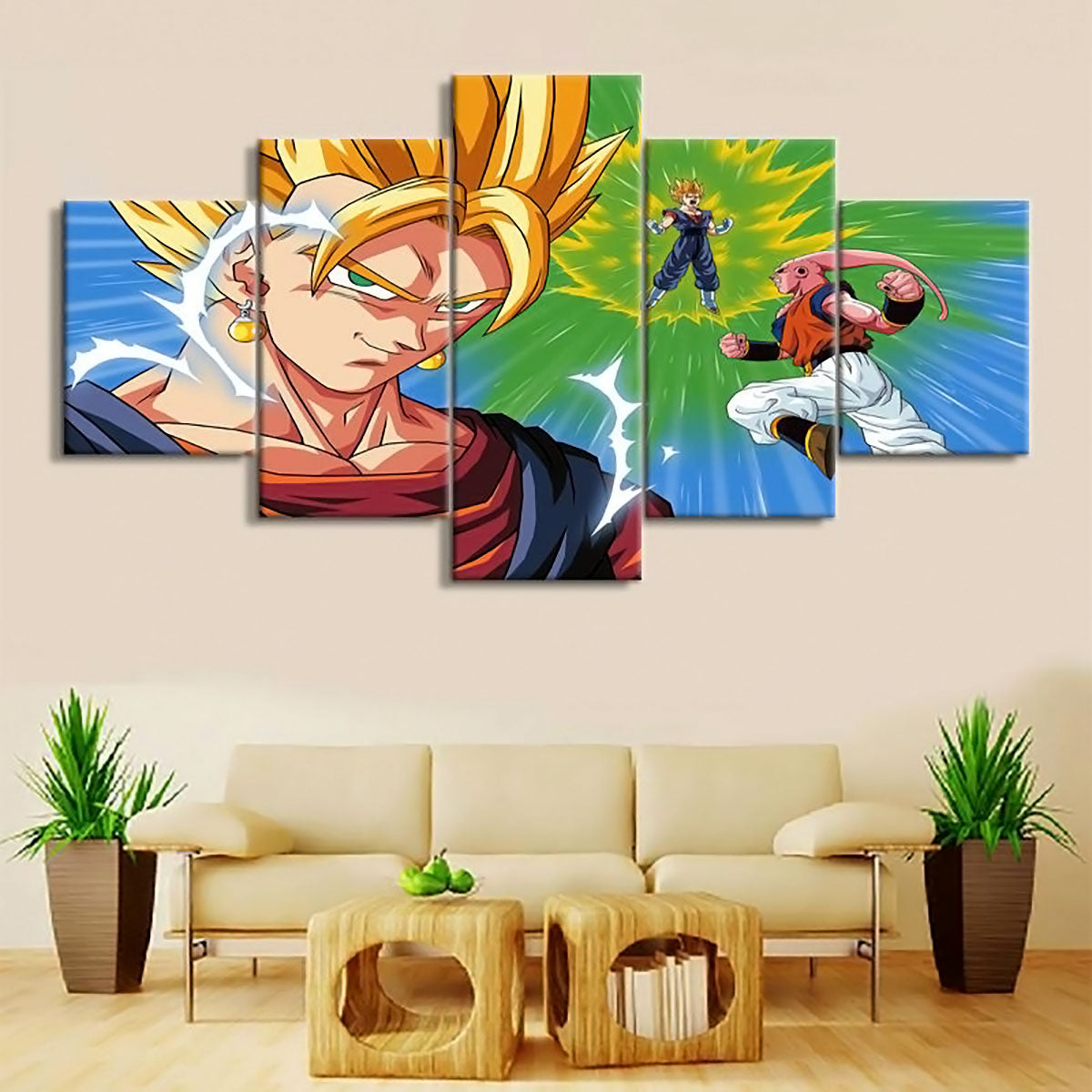 Dragon Ball Z Vegito vs Majin Buu Canvas Wall Art - 5 Piece Split Panel Anime Poster - Ready to Hang Living Room Man Cave Decor - DR5141