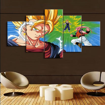 Dragon Ball Z Vegito vs Majin Buu Canvas Wall Art - 5 Piece Split Panel Anime Poster - Ready to Hang Living Room Man Cave Decor - DR5141