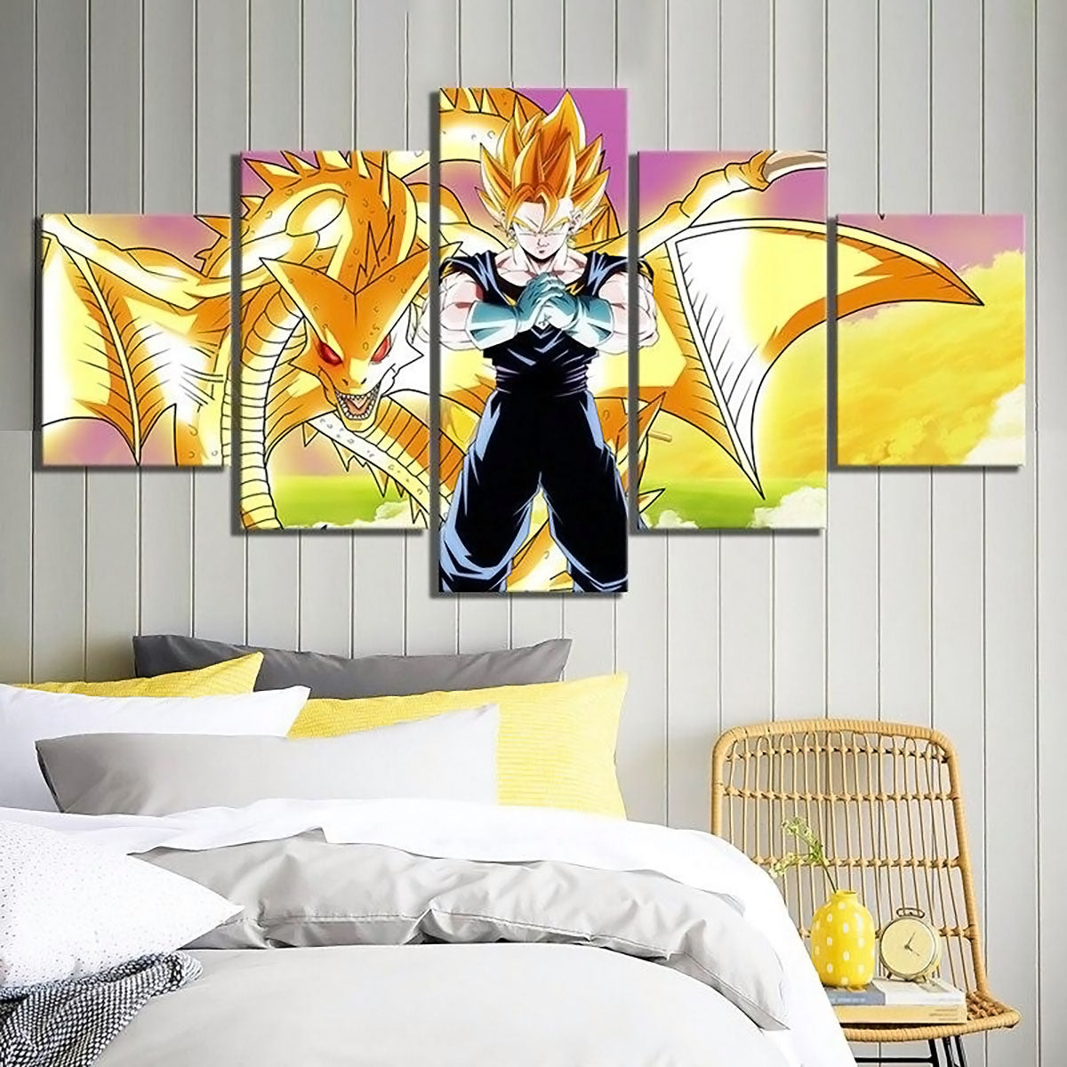 Dragon Ball Super Saiyan Vegito Super Shenron Canvas Wall Art - 5 Piece Split Panel Framed - Ready to Hang Living Room Man Cave Decor - DR5150
