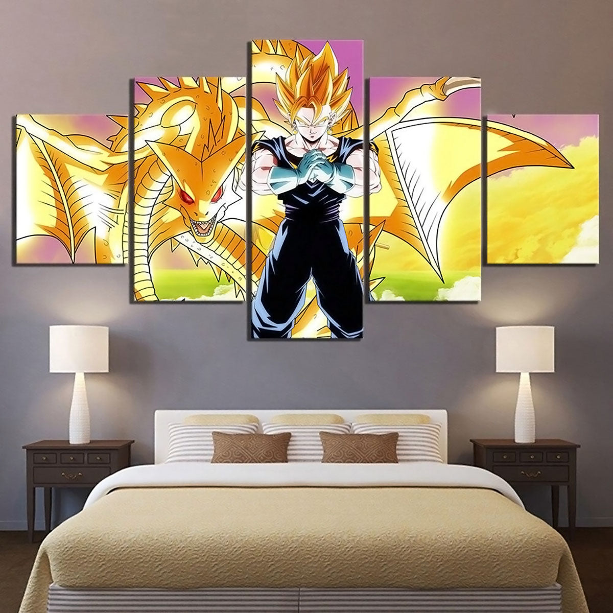 Dragon Ball Super Saiyan Vegito Super Shenron Canvas Wall Art - 5 Piece Split Panel Framed - Ready to Hang Living Room Man Cave Decor - DR5150