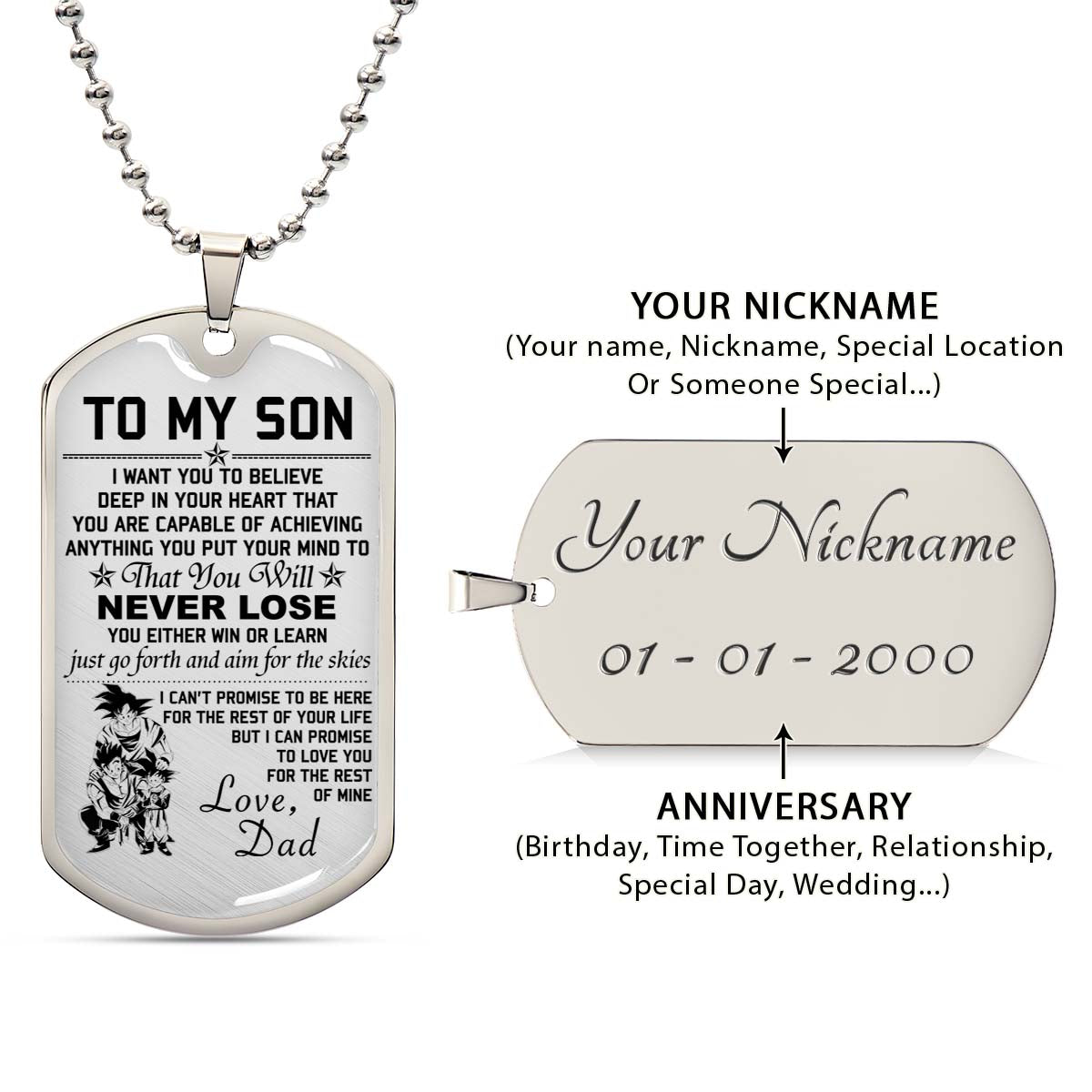 Dragon Ball - DRDL006 - Dad To Son - Never Lose - Goku - Gohan - Goten - Dragon Ball Dog Tag - Military Ball Chain - Luxury Dog Tag
