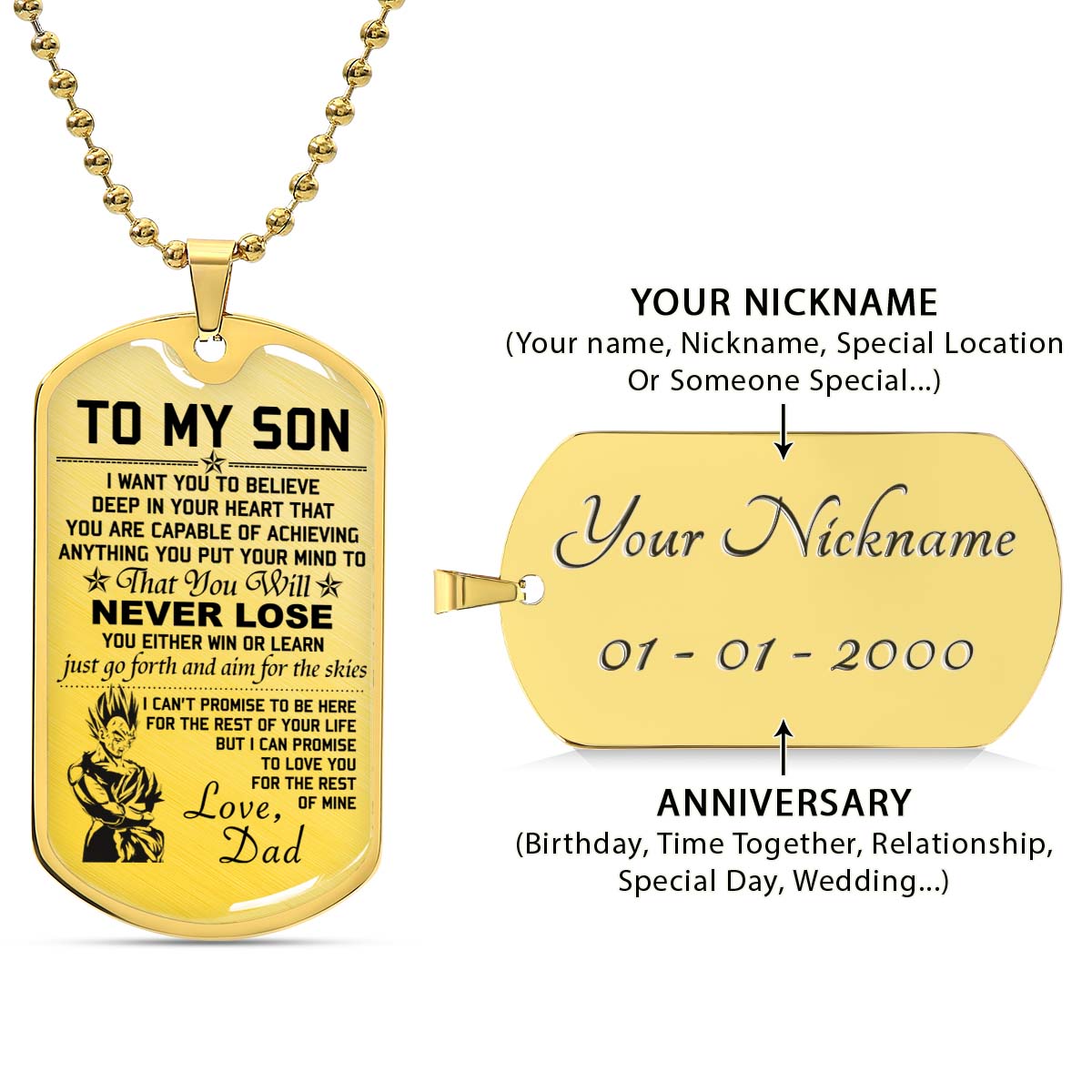 Dragon Ball - DRDL008 - Dad To Son - Never Lose - Vegeta & Trunks - Dragon Ball Dog Tag - Military Ball Chain - Luxury Dog Tag