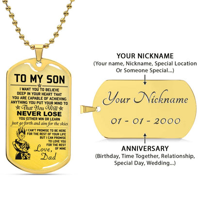 Dragon Ball - DRDL008 - Dad To Son - Never Lose - Vegeta & Trunks - Dragon Ball Dog Tag - Military Ball Chain - Luxury Dog Tag