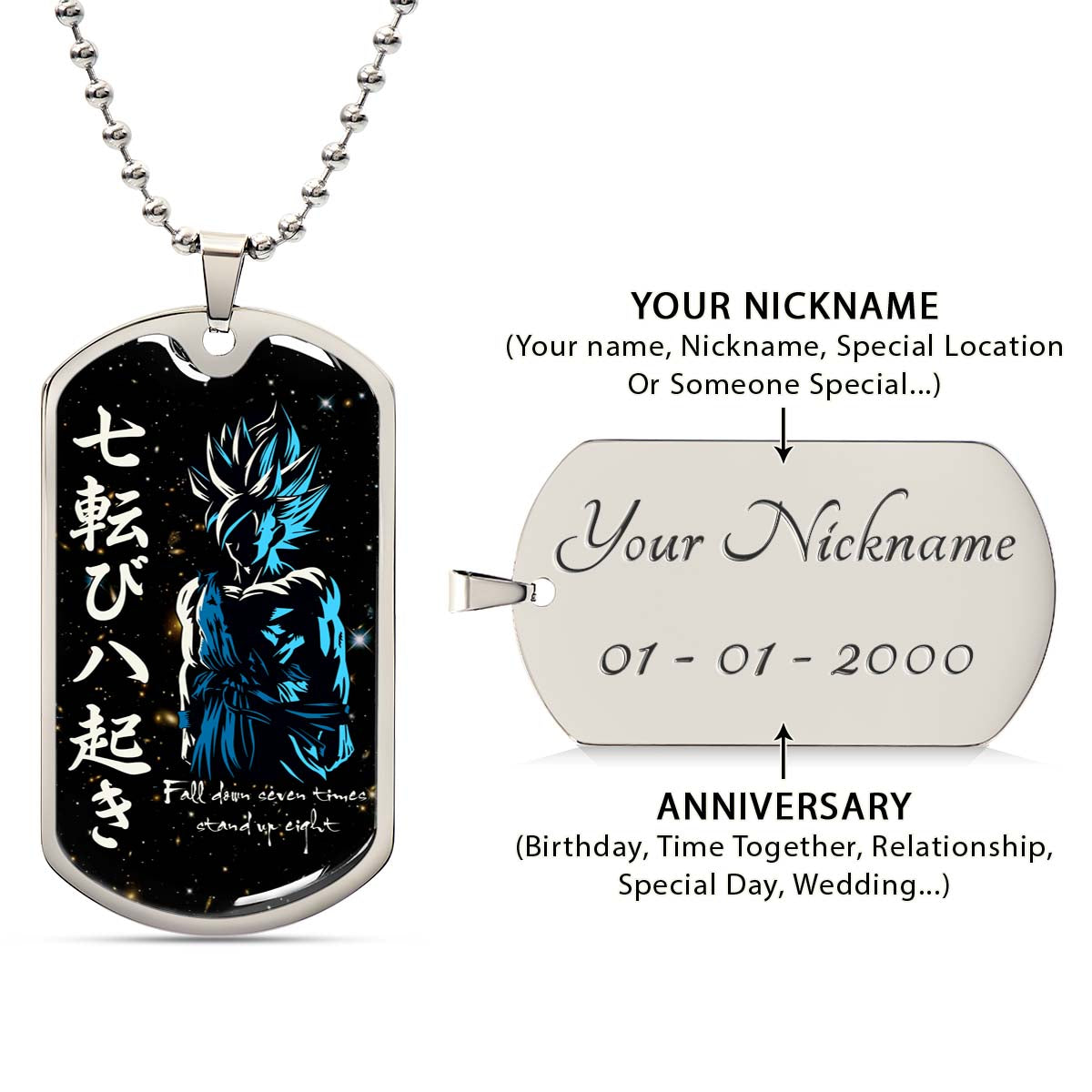 Dragon Ball - DRDL010 - Fall Down Seven Times Stand Up Eight - Goku - Supper Saiyan Blue - Dragon Ball Dog Tag - Military Ball Chain - Luxury Dog Tag