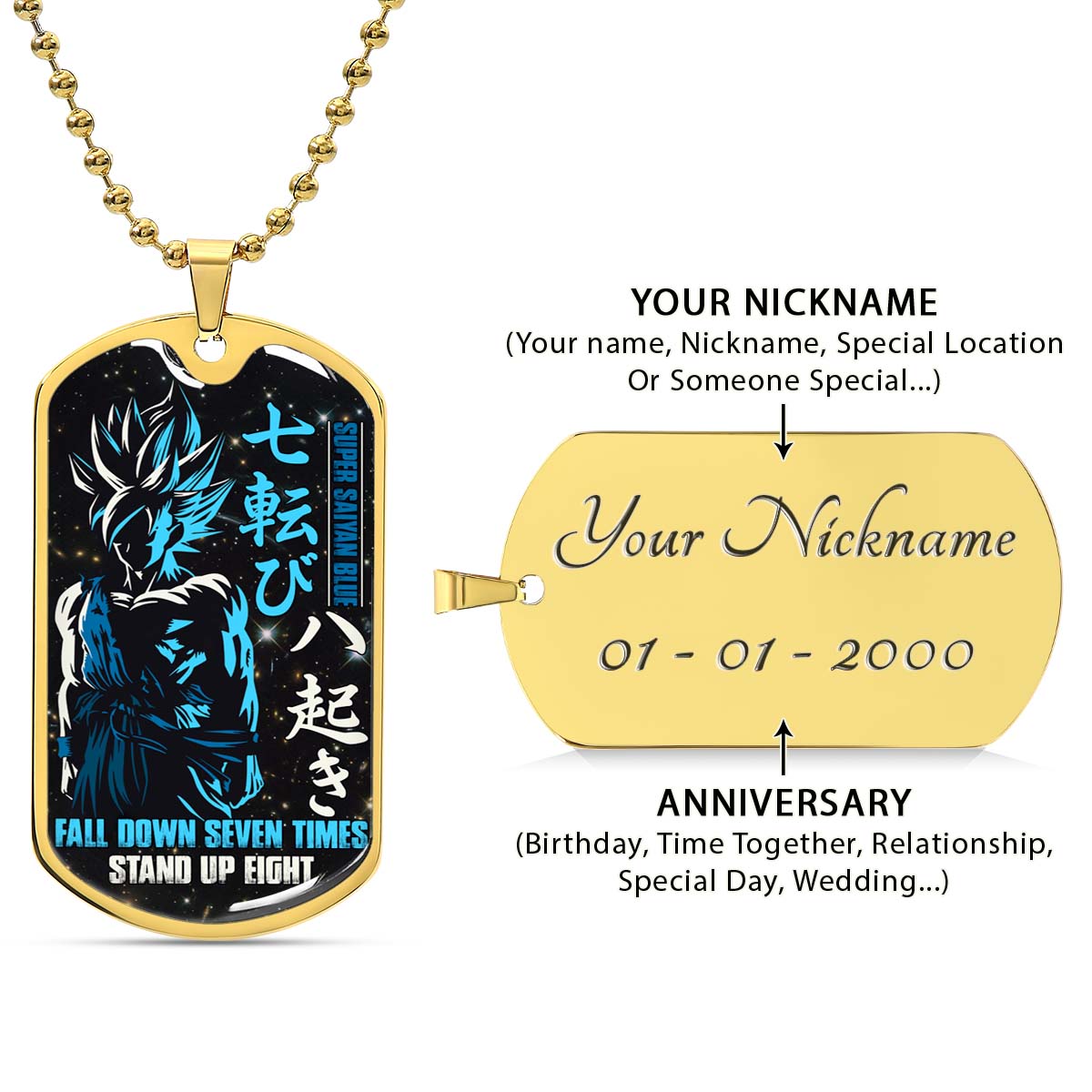 Dragon Ball - DRDL011 - Fall Down Seven Times Stand Up Eight - Goku - Supper Saiyan Blue - Dragon Ball Dog Tag - Military Ball Chain - Luxury Dog Tag