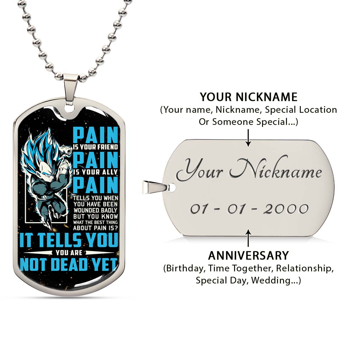 Dragon Ball - DRDL014 - PAIN - You Are Not Dead Yet - Vegeta - Supper Saiyan Blue - Dragon Ball Dog Tag - Military Ball Chain - Luxury Dog Tag