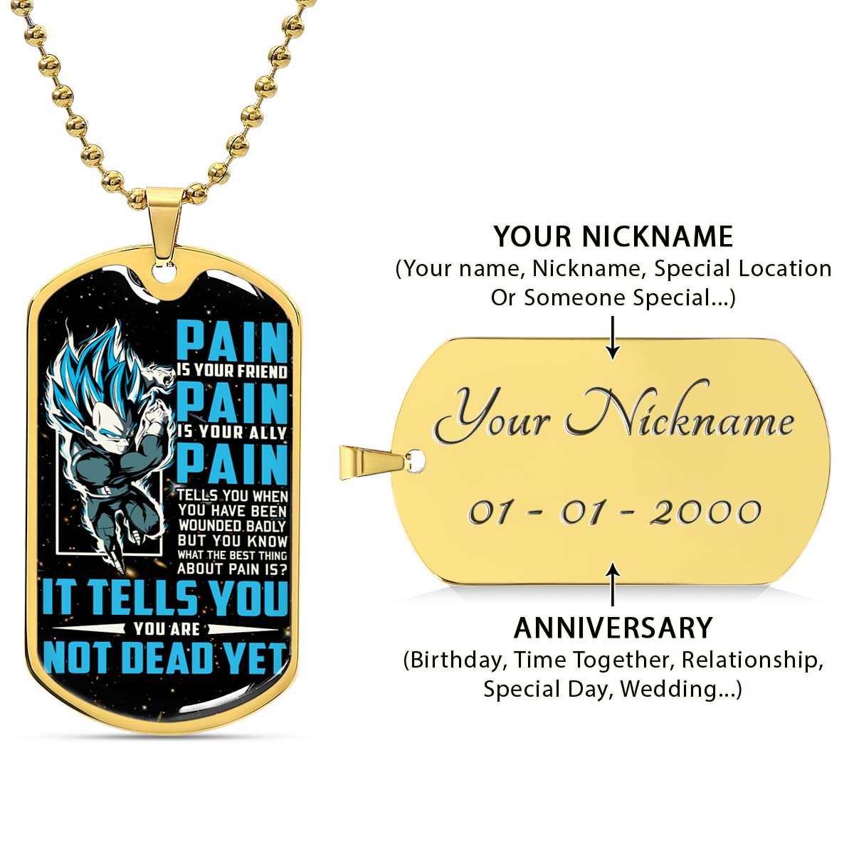 Dragon Ball - DRDL014 - PAIN - You Are Not Dead Yet - Vegeta - Supper Saiyan Blue - Dragon Ball Dog Tag - Military Ball Chain - Luxury Dog Tag