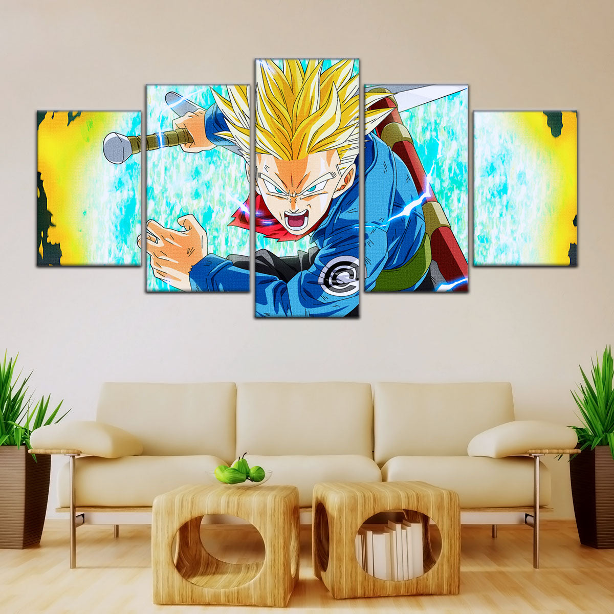 Dragon Ball Super Future Trunks Canvas Wall Art - 5 Piece Split Panel DBZ Anime Poster - Framed Ready to Hang Living Room Man Cave Decor - DR5106