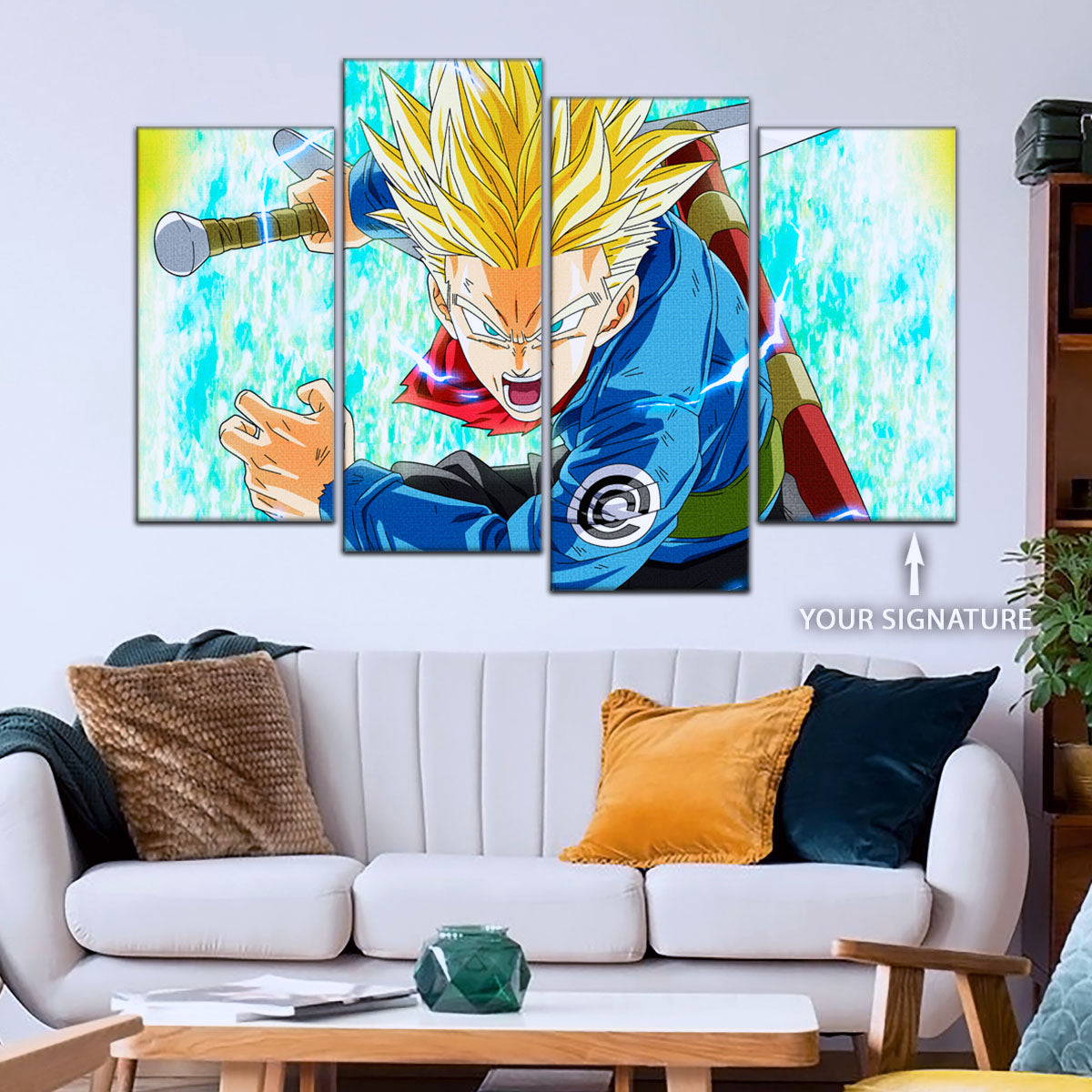 Dragon Ball Super Future Trunks Canvas Wall Art - 5 Piece Split Panel DBZ Anime Poster - Framed Ready to Hang Living Room Man Cave Decor - DR5106