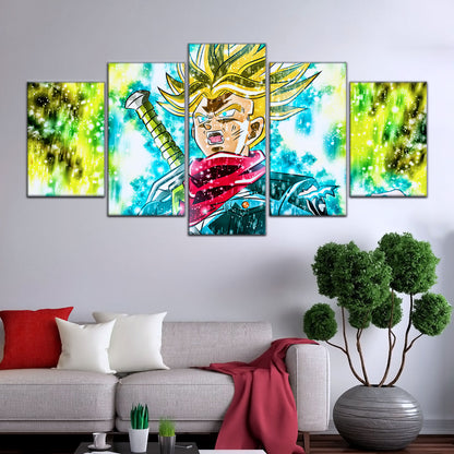 Dragon Ball Super Future Trunks Canvas Wall Art - 5 Piece Split Panel DBZ Anime Poster - Framed Ready to Hang Living Room Man Cave Decor - DR5110