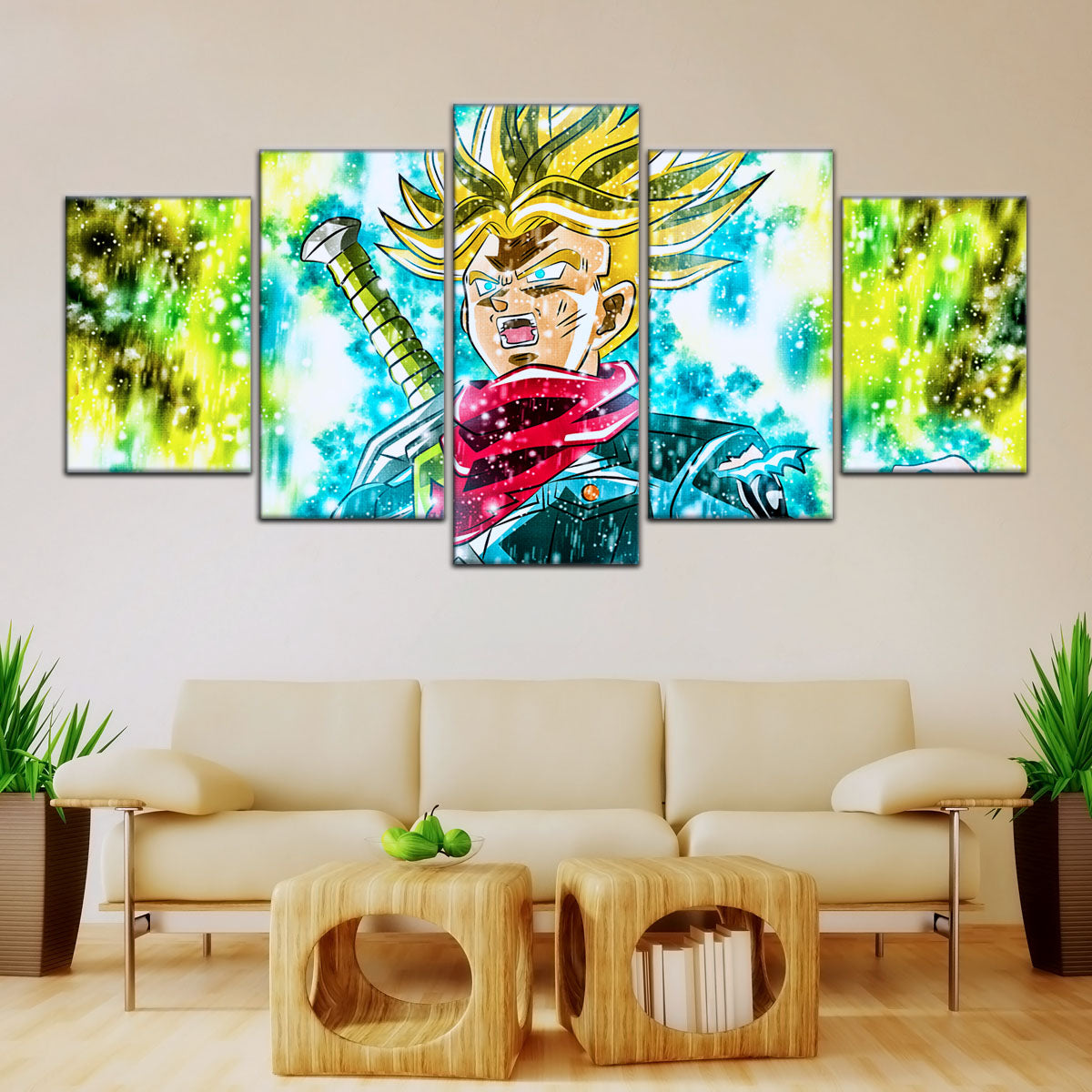 Dragon Ball Super Future Trunks Canvas Wall Art - 5 Piece Split Panel DBZ Anime Poster - Framed Ready to Hang Living Room Man Cave Decor - DR5110