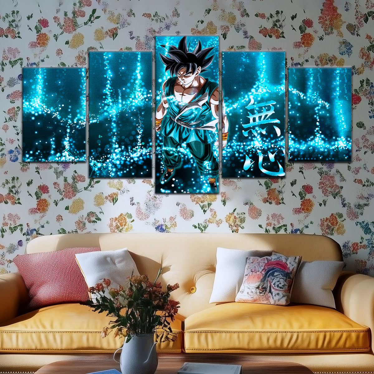 Dragon Ball Super Goku Ultra Instinct Canvas Wall Art - 5 Piece Split Panel DBZ Anime Poster - Ready to Hang Living Room Man Cave Decor - DR5034