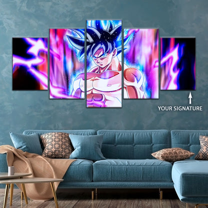 Dragon Ball Super Goku Ultra Instinct Canvas Wall Art - 5 Piece Split Panel DBZ Anime Poster - Ready to Hang Living Room Man Cave Decor - DR5076