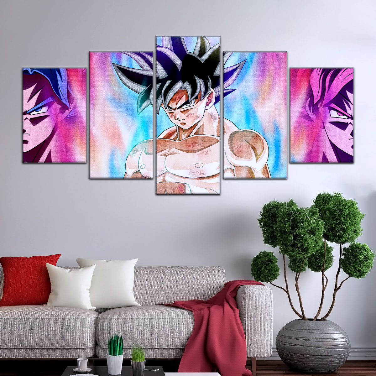Dragon Ball Super Goku Ultra Instinct Canvas Wall Art - 5 Piece Split Panel DBZ Anime Poster - Ready to Hang Living Room Man Cave Decor - DR5077