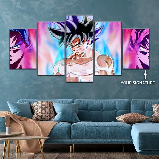 Dragon Ball Super Goku Ultra Instinct Canvas Wall Art - 5 Piece Split Panel DBZ Anime Poster - Ready to Hang Living Room Man Cave Decor - DR5077