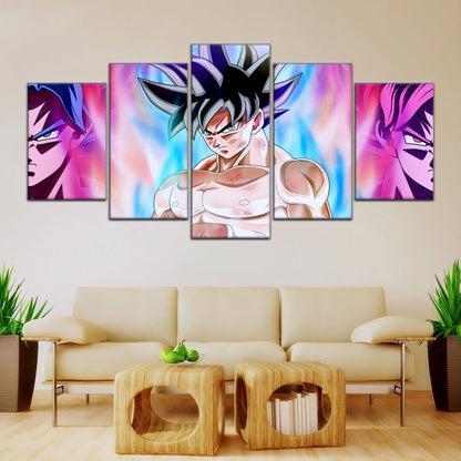 Dragon Ball Super Goku Ultra Instinct Canvas Wall Art - 5 Piece Split Panel DBZ Anime Poster - Ready to Hang Living Room Man Cave Decor - DR5077