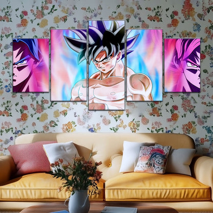 Dragon Ball Super Goku Ultra Instinct Canvas Wall Art - 5 Piece Split Panel DBZ Anime Poster - Ready to Hang Living Room Man Cave Decor - DR5077