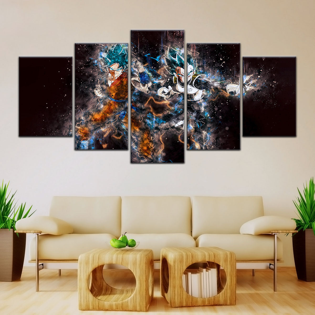 Dragon Ball Super Goku Vegeta Canvas Wall Art - 5 Piece Split Panel DBZ Anime Poster - Framed Ready to Hang Living Room Man Cave Decor - DR5065