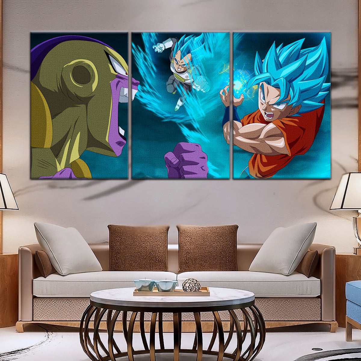 Dragon Ball Super Goku Vegeta vs Golden Frieza Canvas Wall Art - 5 Piece Split Panel DBZ Poster - Ready to Hang Living Room Man Cave Decor - DR5066