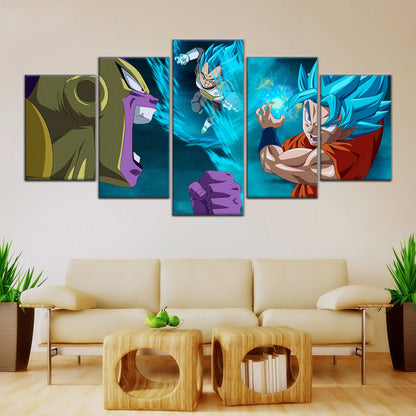 Dragon Ball Super Goku Vegeta vs Golden Frieza Canvas Wall Art - 5 Piece Split Panel DBZ Poster - Ready to Hang Living Room Man Cave Decor - DR5066