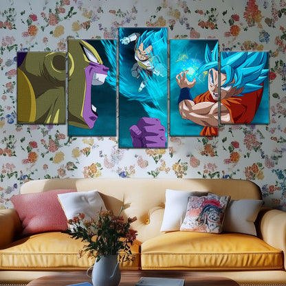 Dragon Ball Super Goku Vegeta vs Golden Frieza Canvas Wall Art - 5 Piece Split Panel DBZ Poster - Ready to Hang Living Room Man Cave Decor - DR5066
