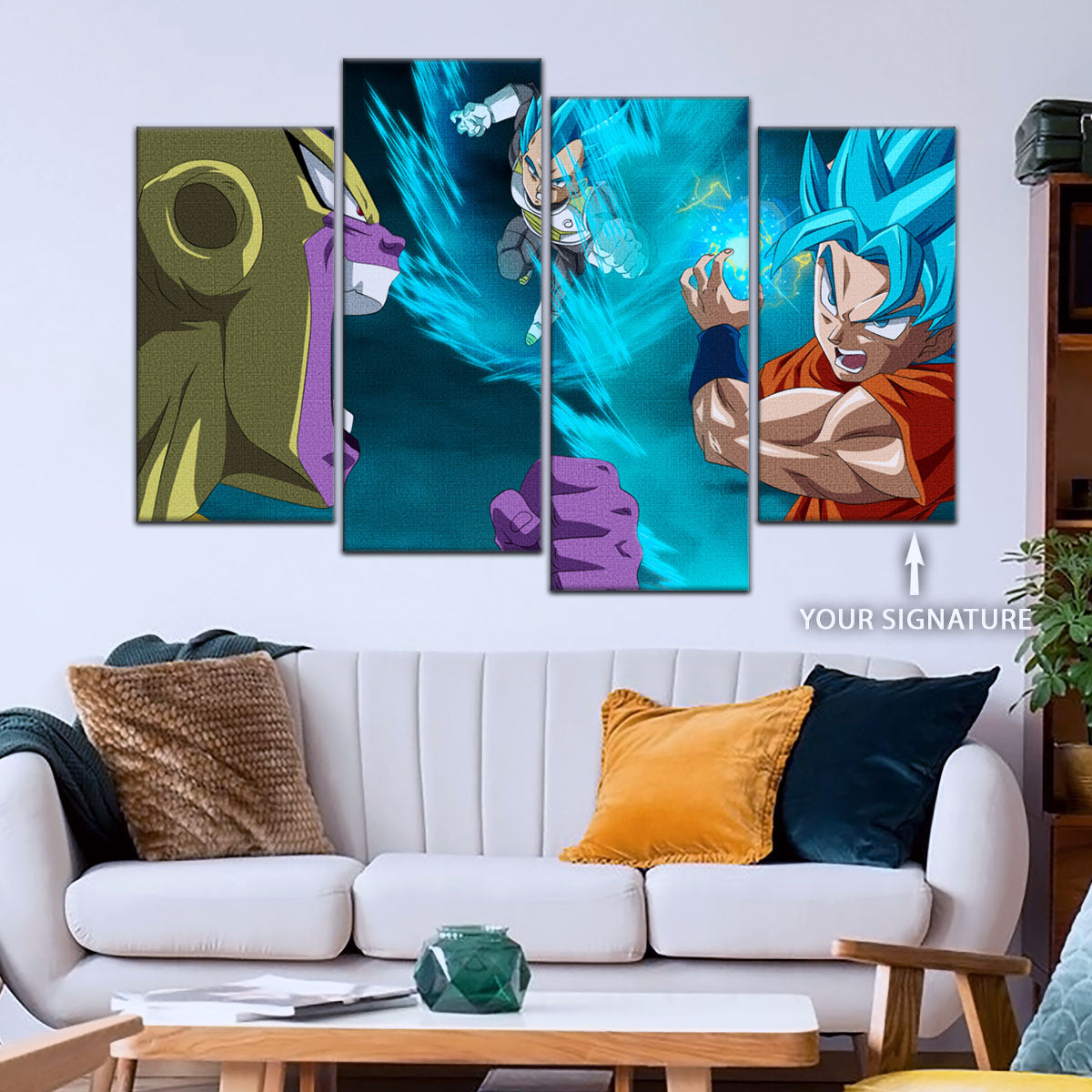 Dragon Ball Super Goku Vegeta vs Golden Frieza Canvas Wall Art - 5 Piece Split Panel DBZ Poster - Ready to Hang Living Room Man Cave Decor - DR5066