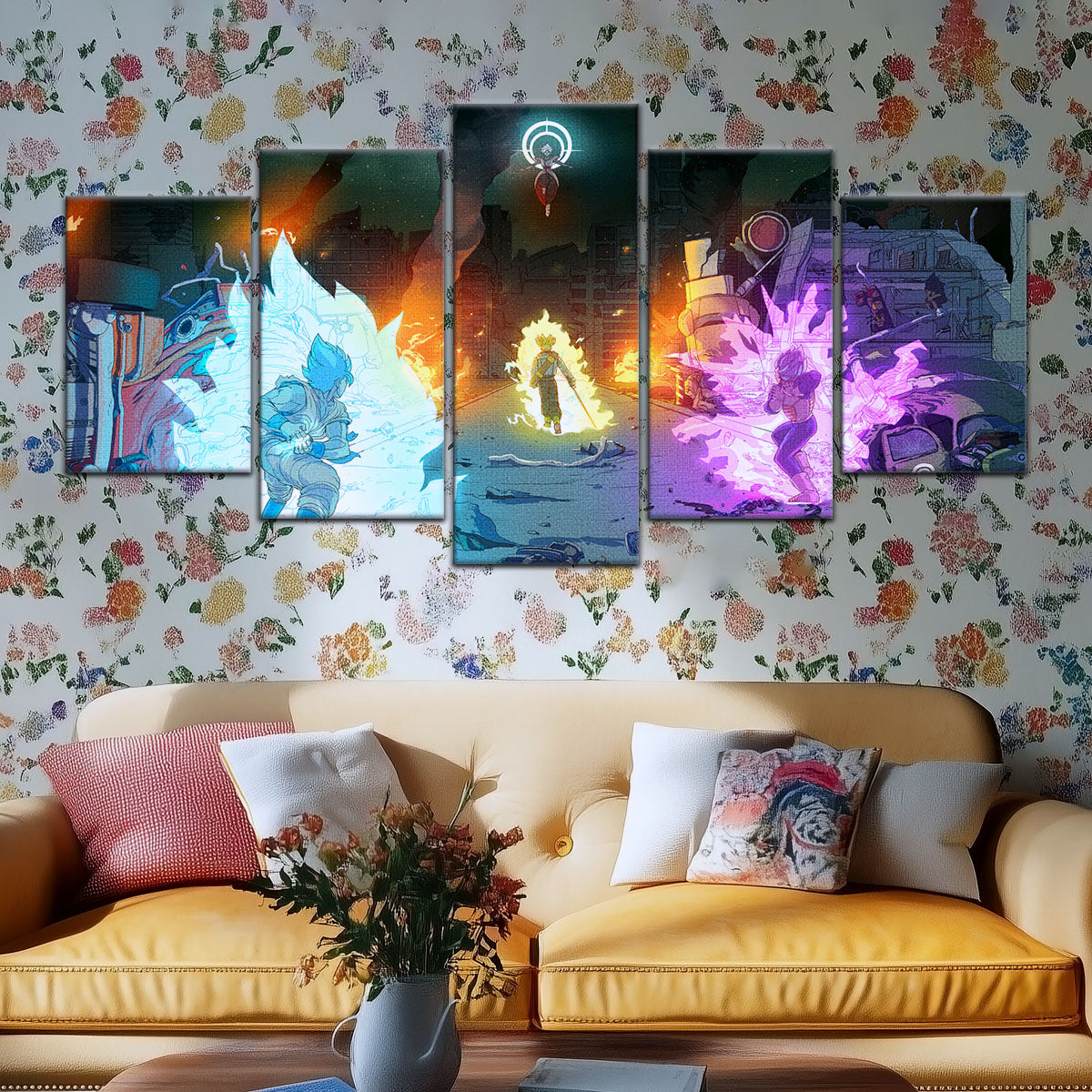 Dragon Ball Super Goku Vegeta vs Zamasu Canvas Wall Art - 5 Piece Split Panel DBZ Poster - Framed Ready to Hang Living Room Man Cave Decor - DR5060