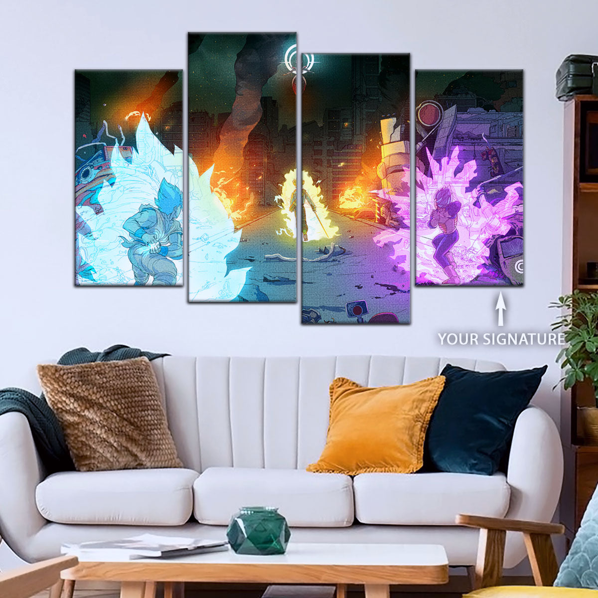 Dragon Ball Super Goku Vegeta vs Zamasu Canvas Wall Art - 5 Piece Split Panel DBZ Poster - Framed Ready to Hang Living Room Man Cave Decor - DR5060