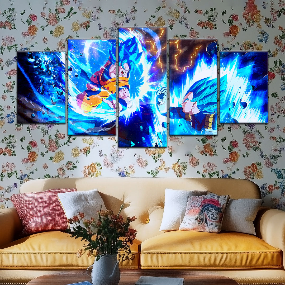 Dragon Ball Super Goku vs Vegeta Canvas Wall Art - 5 Piece Split Panel DBZ Poster Framed Print - Ready to Hang Living Room Man Cave Decor - DR5064