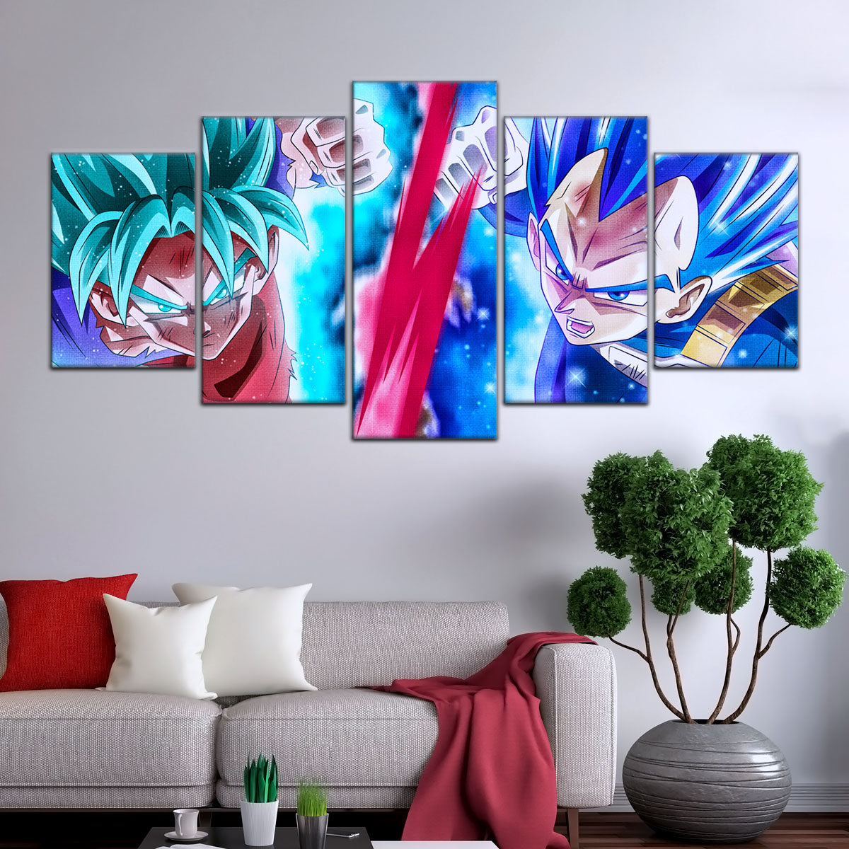 Dragon Ball Super Goku vs Vegeta Showdown Canvas Wall Art - 5 Piece Split Panel DBZ Anime Poster - Ready to Hang Living Room Man Cave Decor - DR5080