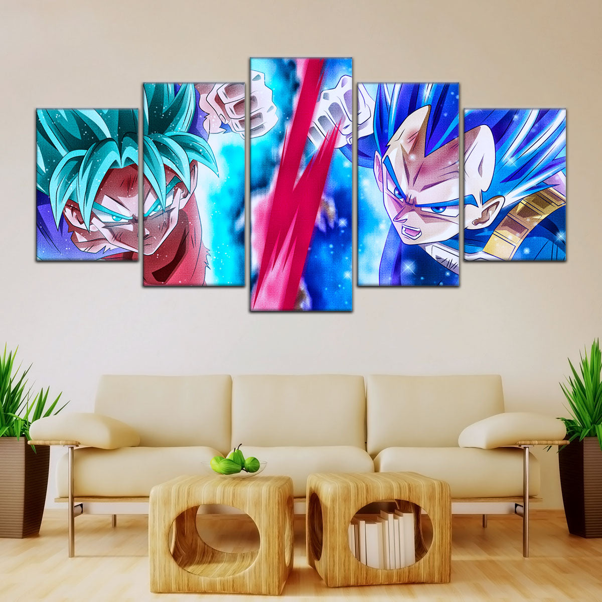Dragon Ball Super Goku vs Vegeta Showdown Canvas Wall Art - 5 Piece Split Panel DBZ Anime Poster - Ready to Hang Living Room Man Cave Decor - DR5080
