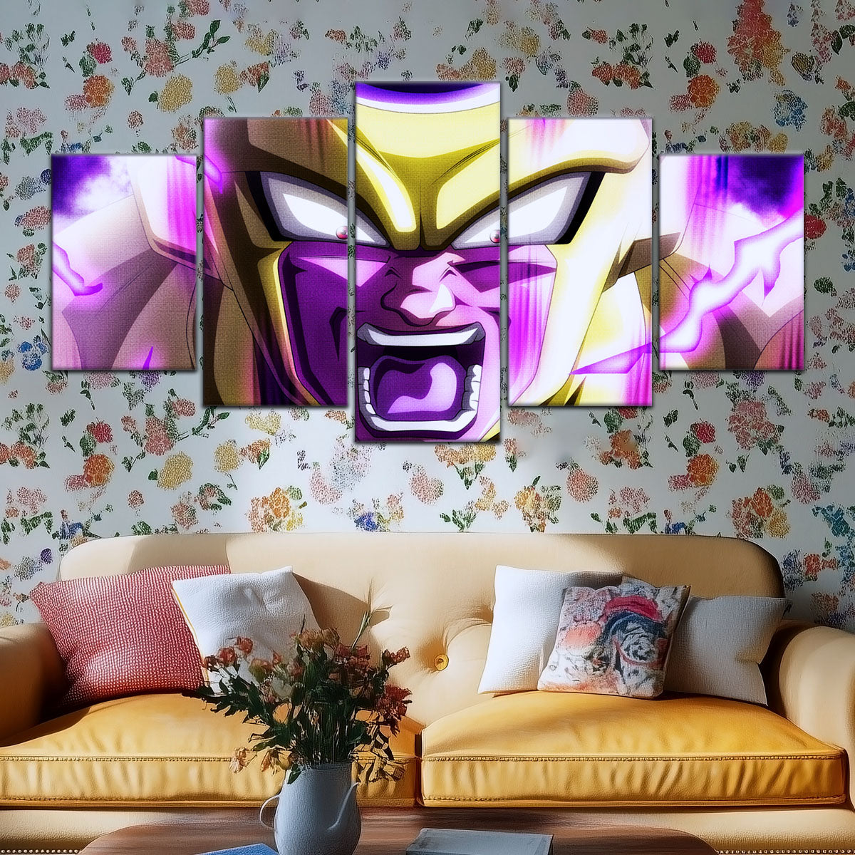 Dragon Ball Super Golden Frieza Canvas Wall Art - 5 Piece Split Panel DBZ Anime Poster - Framed Ready to Hang Living Room Man Cave Decor - DR5083