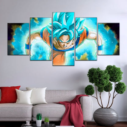 Dragon Ball Super Saiyan Blue Goku Canvas Wall Art - 5 Piece Split Panel DBZ Anime Poster - Framed Ready to Hang Living Room Man Cave Decor - DR5048
