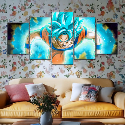 Dragon Ball Super Saiyan Blue Goku Canvas Wall Art - 5 Piece Split Panel DBZ Anime Poster - Framed Ready to Hang Living Room Man Cave Decor - DR5048