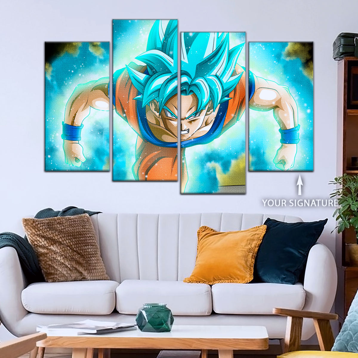 Dragon Ball Super Saiyan Blue Goku Canvas Wall Art - 5 Piece Split Panel DBZ Anime Poster - Framed Ready to Hang Living Room Man Cave Decor - DR5048