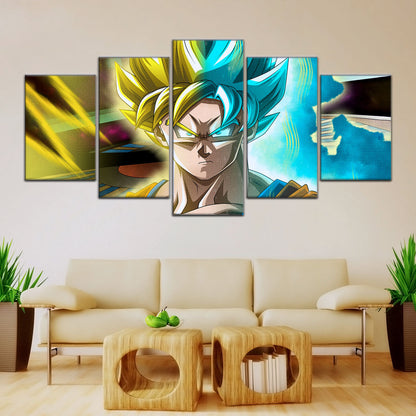 Dragon Ball Super Saiyan Blue Goku Canvas Wall Art - 5 Piece Split Panel DBZ Anime Poster - Framed Ready to Hang Living Room Man Cave Decor - DR5049