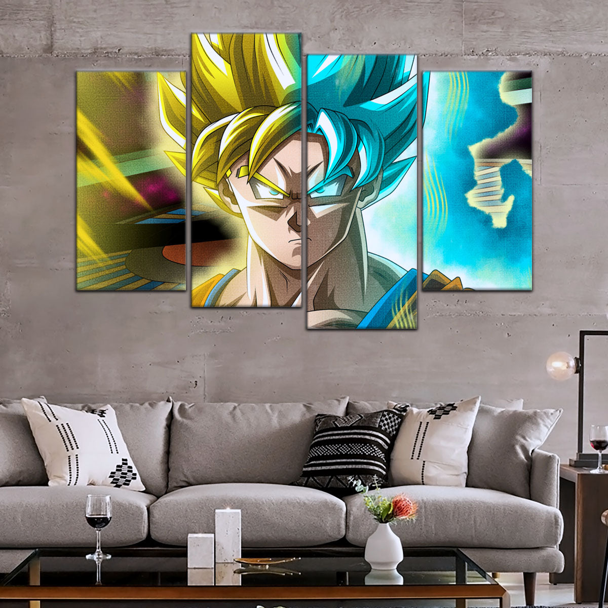 Dragon Ball Super Saiyan Blue Goku Canvas Wall Art - 5 Piece Split Panel DBZ Anime Poster - Framed Ready to Hang Living Room Man Cave Decor - DR5049
