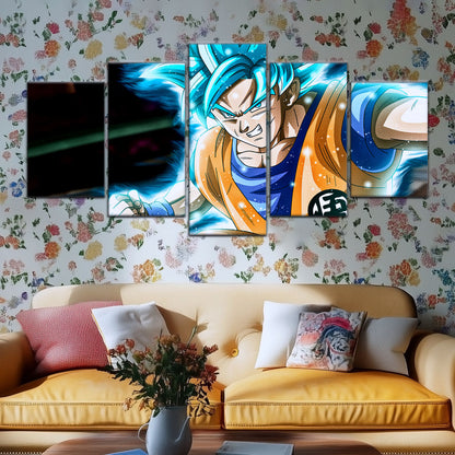 Dragon Ball Super Saiyan Blue Goku Canvas Wall Art - 5 Piece Split Panel DBZ Anime Poster - Framed Ready to Hang Living Room Man Cave Decor - DR5050